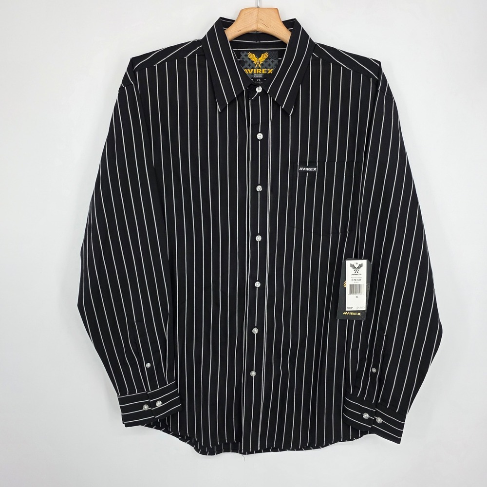 Avirex Mens XL Black Pinstripe Long Sleeve Button Down Cotton Shirt F07 40116